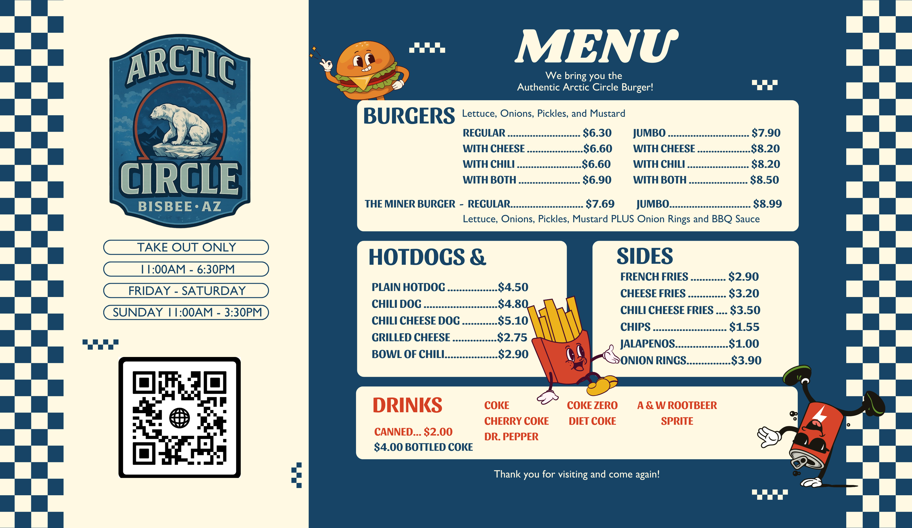 The Arctic Circle menu with burgers, sides, shakes, and drinks