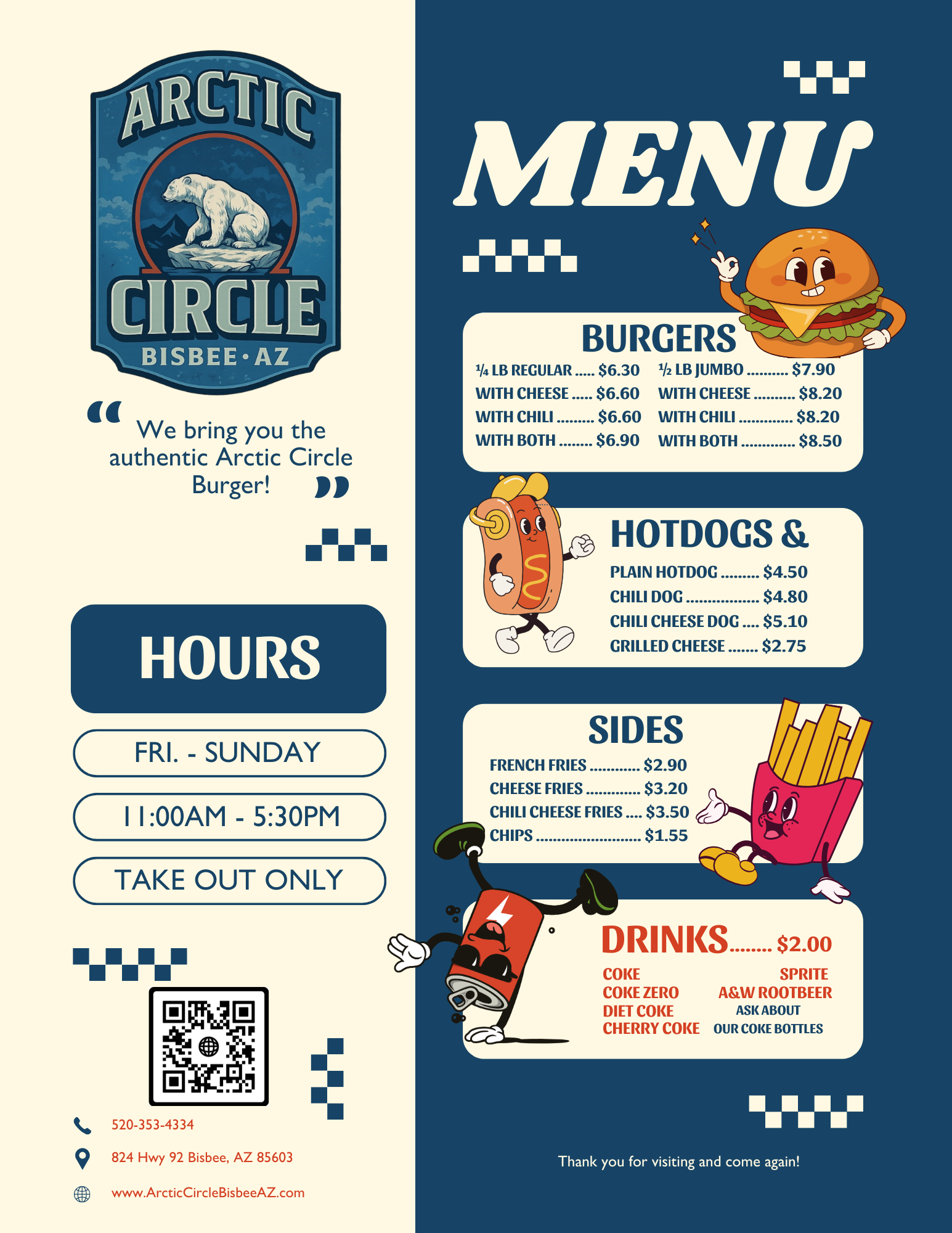 The Arctic Circle menu with burgers, sides, shakes, and drinks